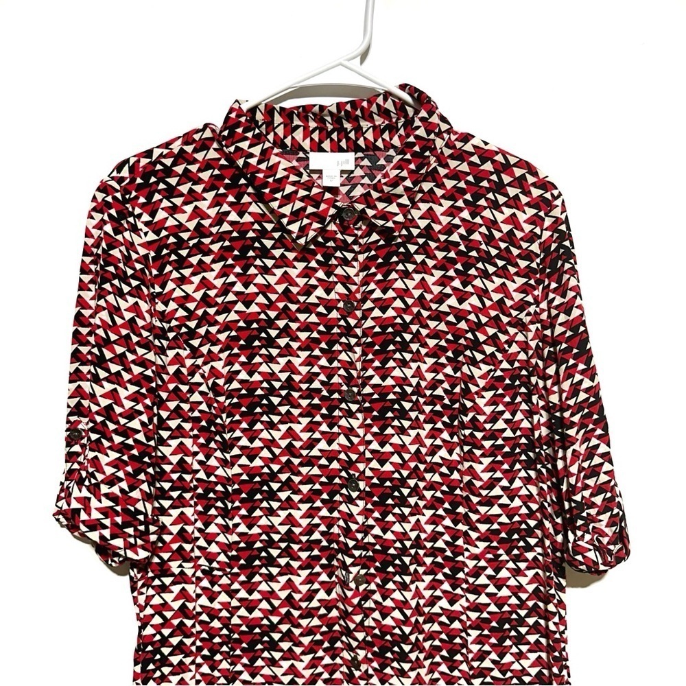 J. Jill Midi Womens Mod Print Navy Red Shirt Dress Size 12 Tab Sleeves Collared - Picture 4 of 13